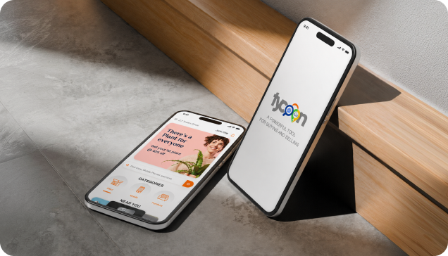 Two smartphones showing the Tycoon marketplace app