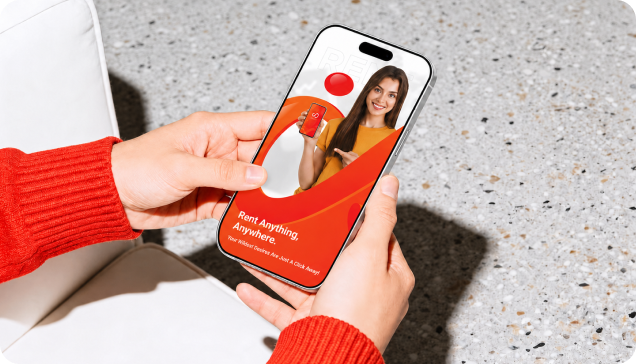 Hands holding a smartphone displaying the Rent EZ app
